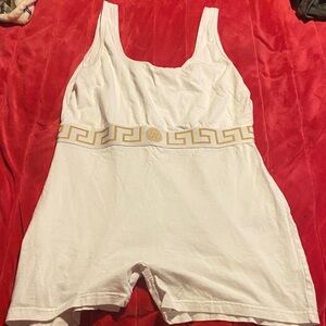 Versace White Cotton Tank Romper with Gold Medusa Trim